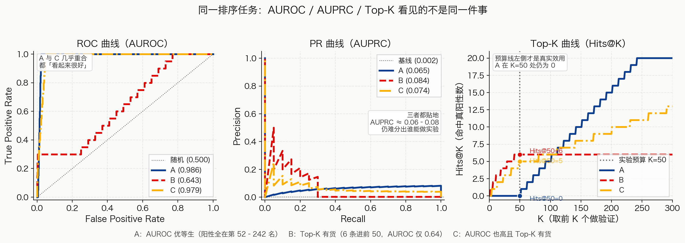 同一排序任务下 AUROC、AUPRC 与 Hits@K 曲线对照
